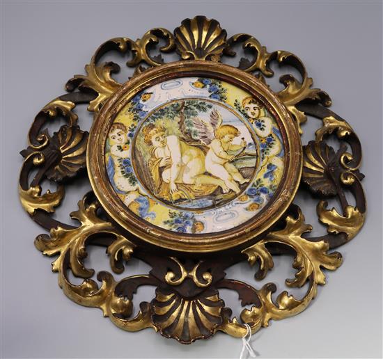 19C Italian Majolica plate in Florentine giltwood frame